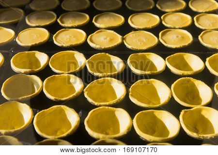 Tart for the Portuguese dessert Pastel de nata. Production of Pastel de nata