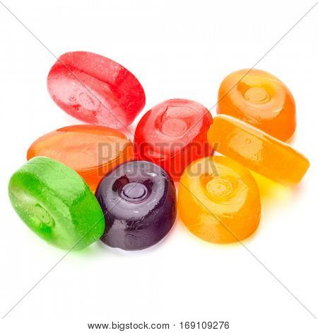 colorful fruit hard sugar candies,  boiled sweeties or sugar plums isolated on white background cutout