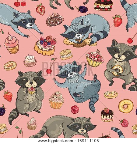 Vector seamless pattern with cute raccoons cakes and berries. Bright template for design. Childish background.