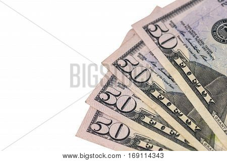 50 dollar bills isolated  on white close up