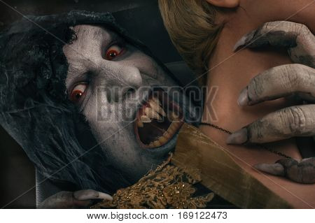 Scary Vampire Devil Biting Young Woman. Medieval Gothic Nightmare Horror.