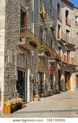 Besalu Spain - September 09 2014: Street in the medieval village Besalu Spain