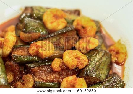 Brinjal with Prawn Curry,Malaysian traditional and famous food.