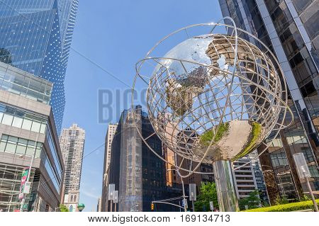 New York USA- May 20 2014. Looking Up view of The Globe Sculpture by Kim Brandell at The Trump International Hotel and Tower near the 59th Street Columbus Circle Subway Station New York USA.