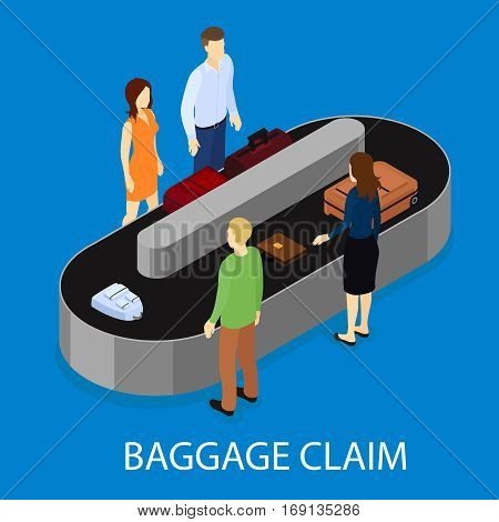 Isometric people airport concept with passengers waiting for baggage near luggage conveyor belt after arrival isolated vector illustration