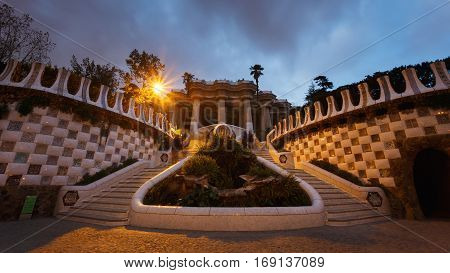 Barcelona Spain - January 03 2017: The staicase to the Hypostyle Hall in a park Guell at evening time