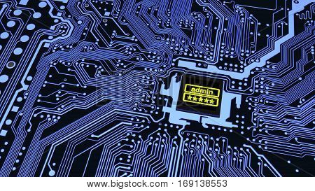 Blue circuit board closeup connected to a cpu with a glowing admin login on top cybersecurity concept 3D illustration