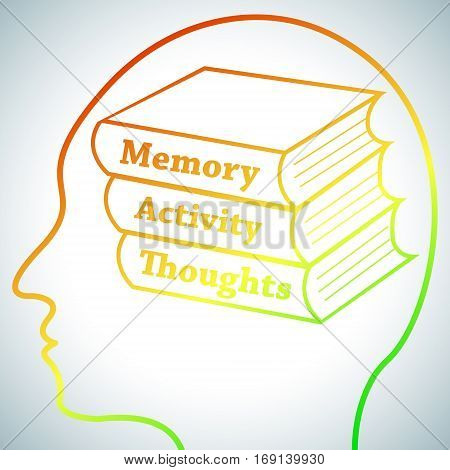 Human Head Logo Silhouette, Brain Studying Conception.Books in brain named Memory, Activity, Thoughts symbolizing Personal development, Brain Learn on white luminous background.Human psychology concept