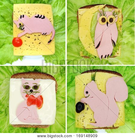 creative sandwich with cheese and salame cat shape collage