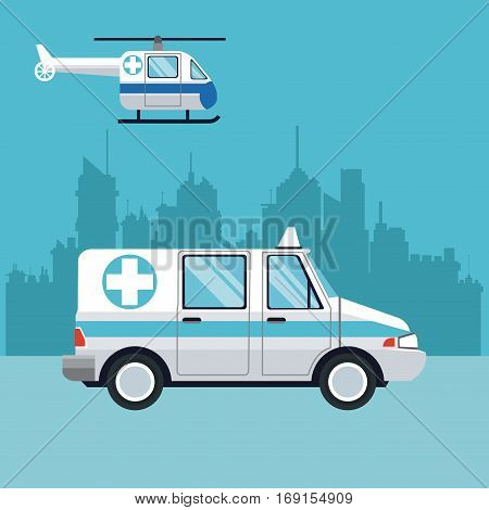 ambulance fly helicopter medical transport city background vector illustration