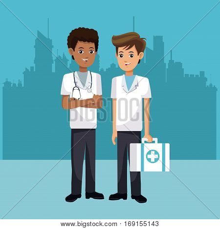 paramedic men suitcase first aid with urban background vector illustration eps 10