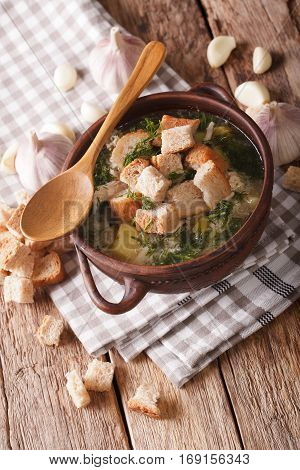 Soup With Garlic And Croutons Close-up In A Rustic Style. Vertical