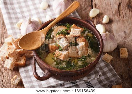 Soup With Garlic And Croutons Close-up In A Rustic Style. Horizontal