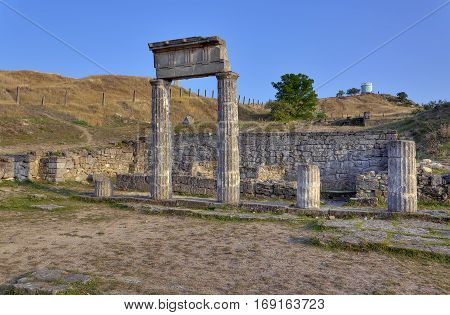 Excavations of the ancient city Pantikapaion. Ancient columns at the ruins of the ancient city.