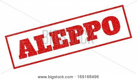 Red rubber seal stamp with Aleppo text. Vector tag inside rectangular frame. Grunge design and dirty texture for watermark labels. Inclined sticker.