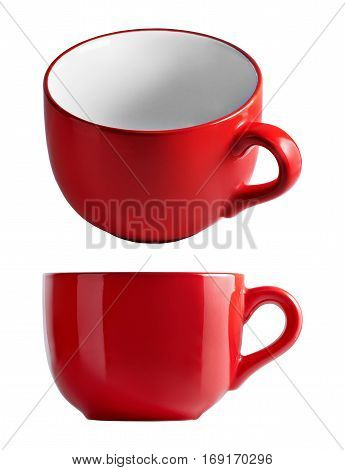 Big red mug in front and top view. Red cup for tea juice or soup. Red cup isolated on white background with clipping path.