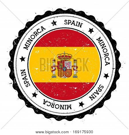 Minorca Flag Badge. Vintage Travel Stamp With Circular Text, Stars And Island Flag Inside It. Vector