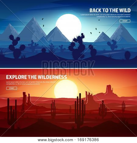 Desert trip. Extreme tourism and traveling. Back to nature. Sands.Exploring Africa. Horizontal line with sky, stars. Mountains, flying birds.Camels