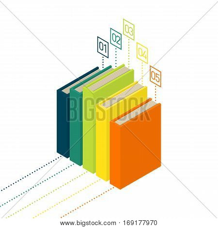 Books diagram infographic. New 3d colorful books and tutorials. Isometric flat classbooks and textbooks icon. Education symbol logo. Illustration vector art.