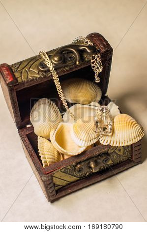 Still life with a small chest and shells.