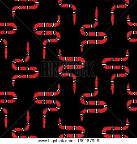 Red micrurus snake on black seamless pattern vector. Serpent fabric print wild reptile animal.