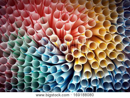 Closeup top view on many colorful plastic straws