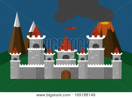 Castle .Vector illustration. In the background mountains and volcano.