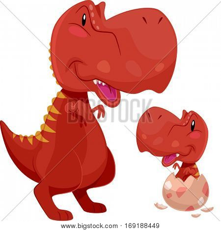 Adorable Illustration Featuring a Tyrannosaurus Rex Mom Looking Fondly at a Baby T Rex Hatching from an Egg
