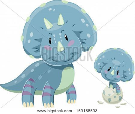Adorable Illustration Featuring a Triceratops Mom Looking Fondly at a Baby Triceratops Hatching from an Egg
