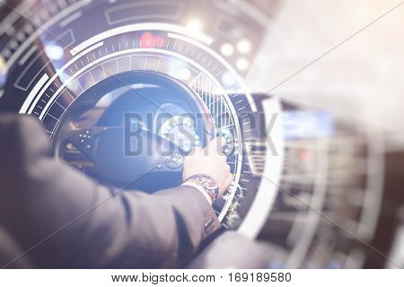 Back view of businessman at car wheel with abstract digital pattern. Future technologies concept