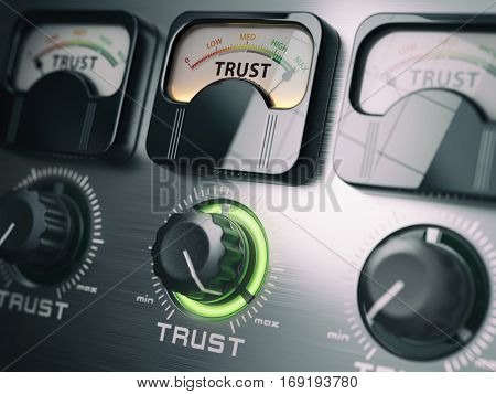 Trust concept. Trust switch knob on maximum position. 3d illustration
