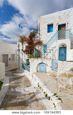 Characteristic architecture in a street of Chora village on Astypalea island.