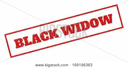 Red rubber seal stamp with Black Widow text. Vector message inside rectangular frame. Grunge design and scratched texture for watermark labels. Inclined emblem.