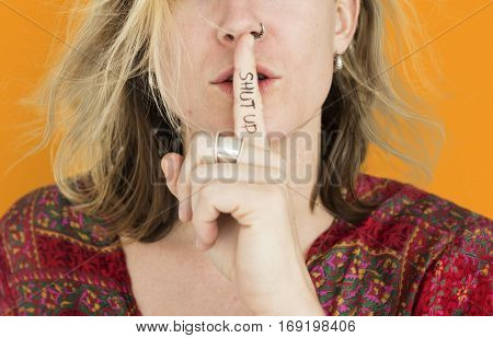 Woman Quiet Shut Up Secret Shh Portrait Concept
