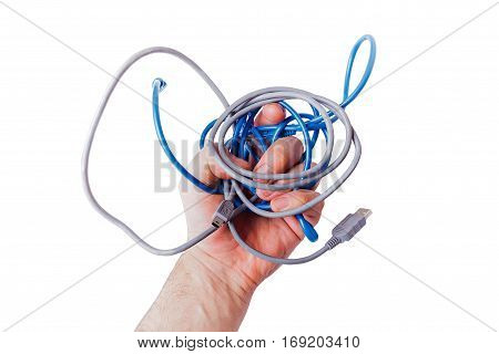 hand full of cables for computer equipment isolated on white