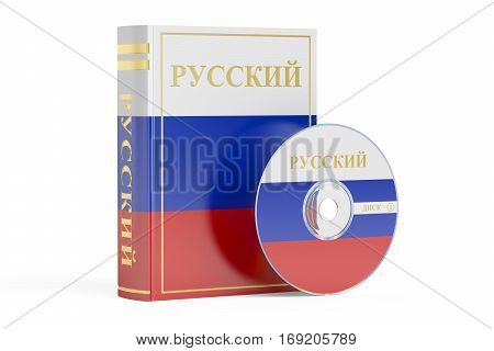 Russian book with flag of Russia and CD disk 3D rendering isolated on white background