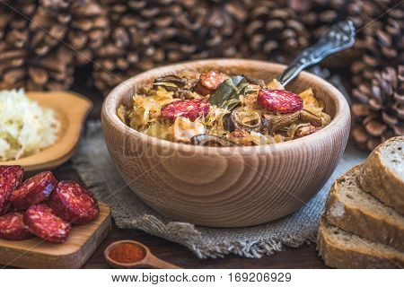 Traditional Sour Cabbage Soup with Sausage and Mushrooms