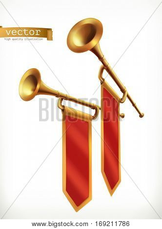 Fanfare. Gold trumpet, 3d vector icon