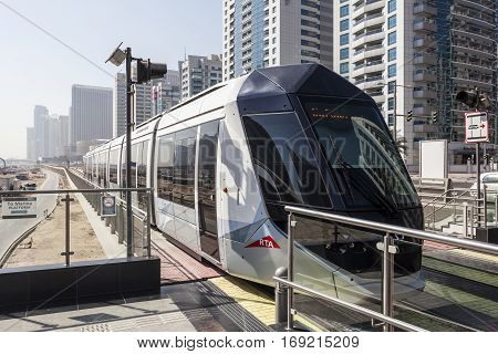 DUBAI UAE - DEC 5 2016: Modern trolley car at the new tram service in the city of Dubai. United Arab Emirates Middle East