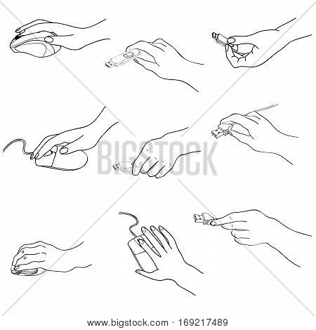 Hands set. Hand holding memory stick computering mouse plug. Hand drawing sketch collection.