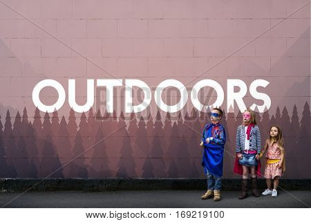 Outdoors word on nature background with trees