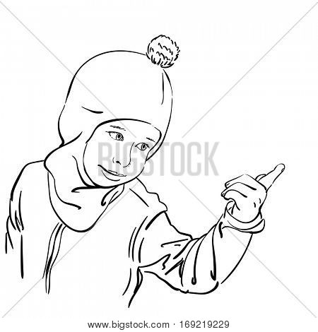 Little girl in balaclava hat with bubo pointing with finger, Hand drawn vector illustration