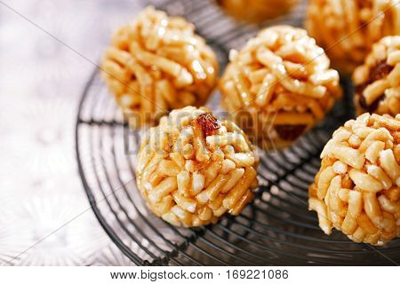 Chak-chak traditional asian sweet dessert - fried dough with honey