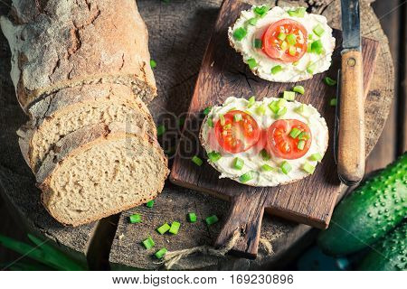 Fresh Sandwich With Fromage Cheese, Cherry Tomatoes And Chive