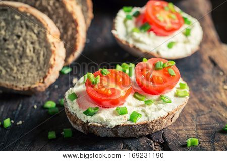 Healthy Sandwich With Fromage Cheese, Cherry Tomatoes And Chive