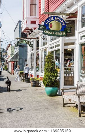 La Conner, USA - April 21, 2016: Shops and architecture in historical village in Washington State