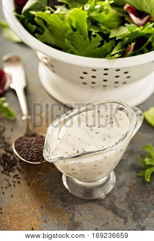 Poppy seed salad dressing or sauce in a glass dish with green salad leaves in the background