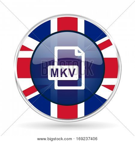 mkv file british design icon - round silver metallic border button with Great Britain flag. 