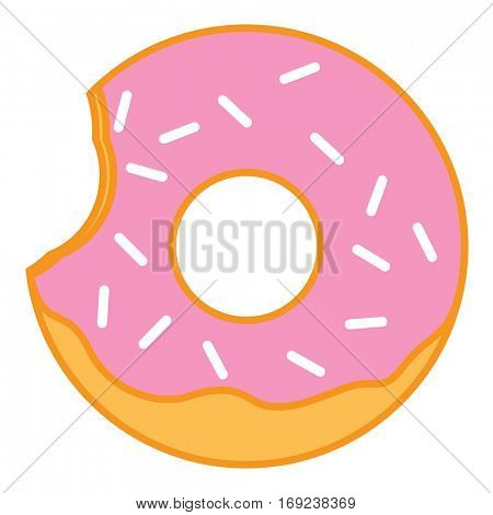 Bitten Pink glazed ring doughnut with sprinkles. Thin line linear vector illustration