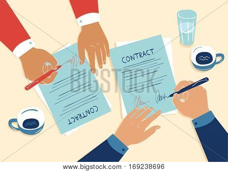 Contract signing over coffee between two companies. Concept of partnership between two different companies. Business deal.